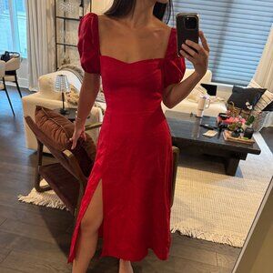 Reformation 100% Linen Red Puff Sleeve Tie Back Midi Dress Size 0